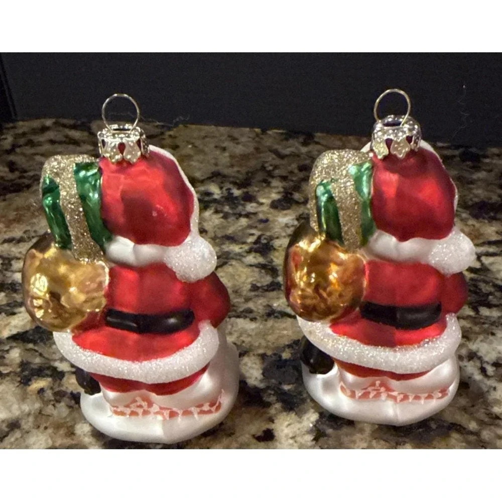 Santa Glass Christmas Holiday Tree Ornaments Set Of‎ 2 Chimney Presents Vintage